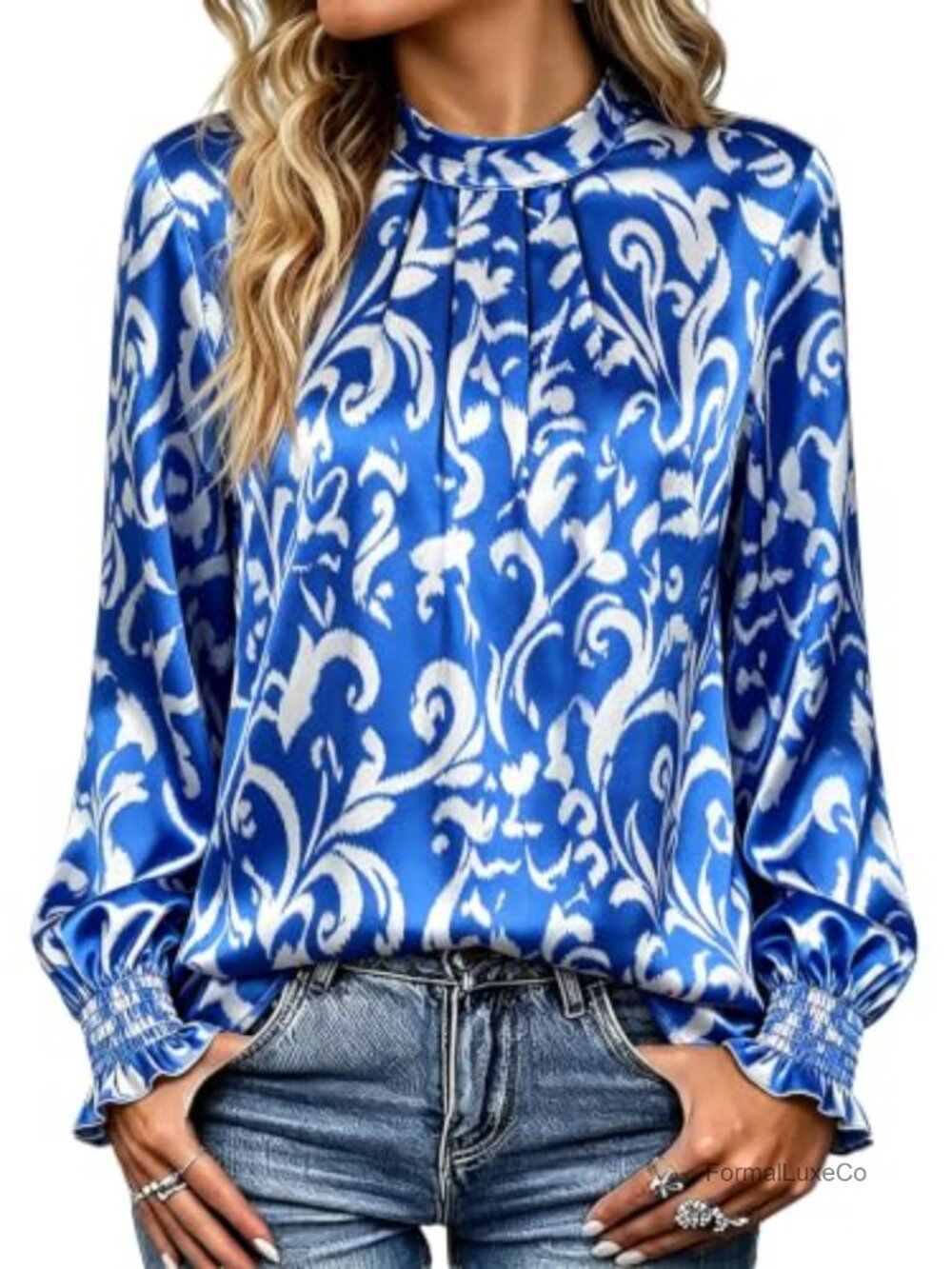 Silk Satin Long Sleeve Mock Neck Blouse Pleated Dressy Casual Top